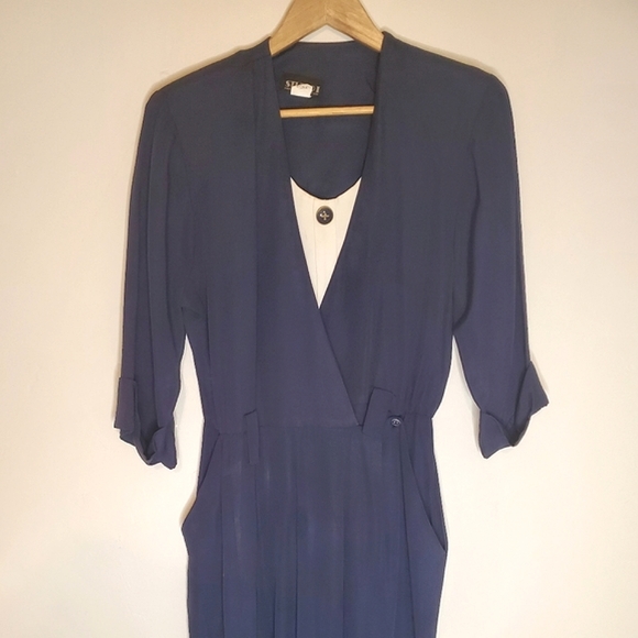 One-Piece Boxy Navy 80s Business Pantsuit with Removable Dickie - Picture 5 of 15